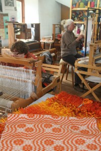 Workshop with corduroy pile rug and overshot shawl